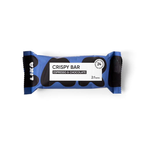 Espresso & Chocolate Einzelriegel: LIKA CRISPY BAR Espresso & Chocolate, Energieriegel mit 24g Kohlenhydraten im 2:1 Verhältnis